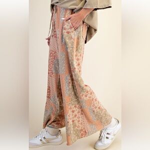 51 1X -3X ❤️ EASEL PLUS SIZE-PATCHWORK PRINT MINERAL WASHED TERRY PANTS